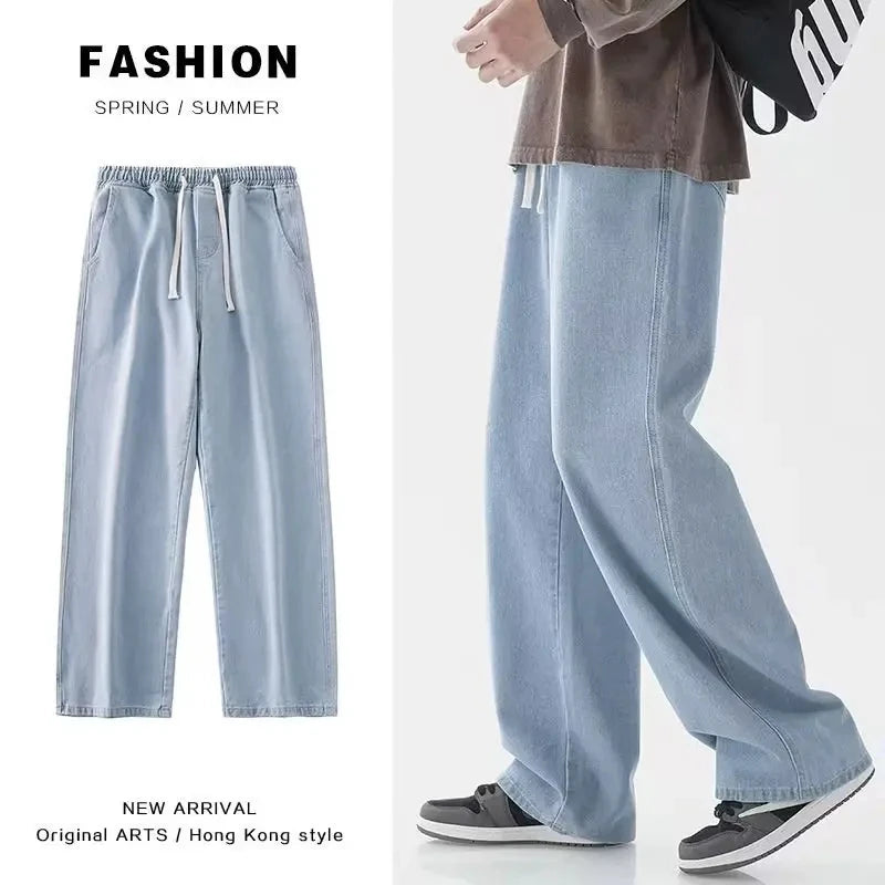 Casual Outdoor Men's Jeans Elastic Waist Loose Fit Long Pants Spring Autumn Workwear Comfortable Straight Leg Blue Denim
