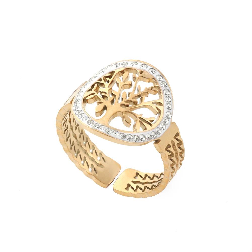 خاتم نسائي من الفولاذ المقاوم للصدأ من كرينج كوكو، قابل للتعديل، بتصميم شجرة الحياة، مرصع بأحجار الراين، خاتم أنيق للمواعدة للنساء
