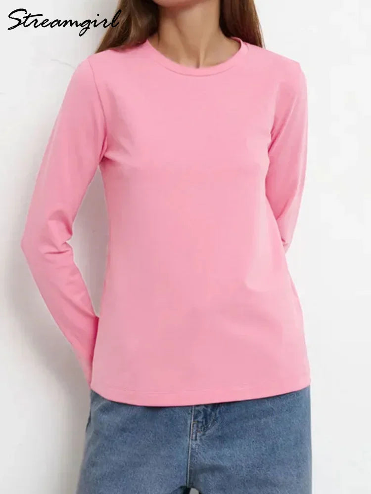 تي شيرت ستريم جيرل بأكمام طويلة للنساء مصنوع من القطن بنسبة 100%، تي شيرتات أساسية سادة برقبة دائرية، تي شيرتات فضفاضة كاجوال، تي شيرتات بيضاء للسيدات 2024