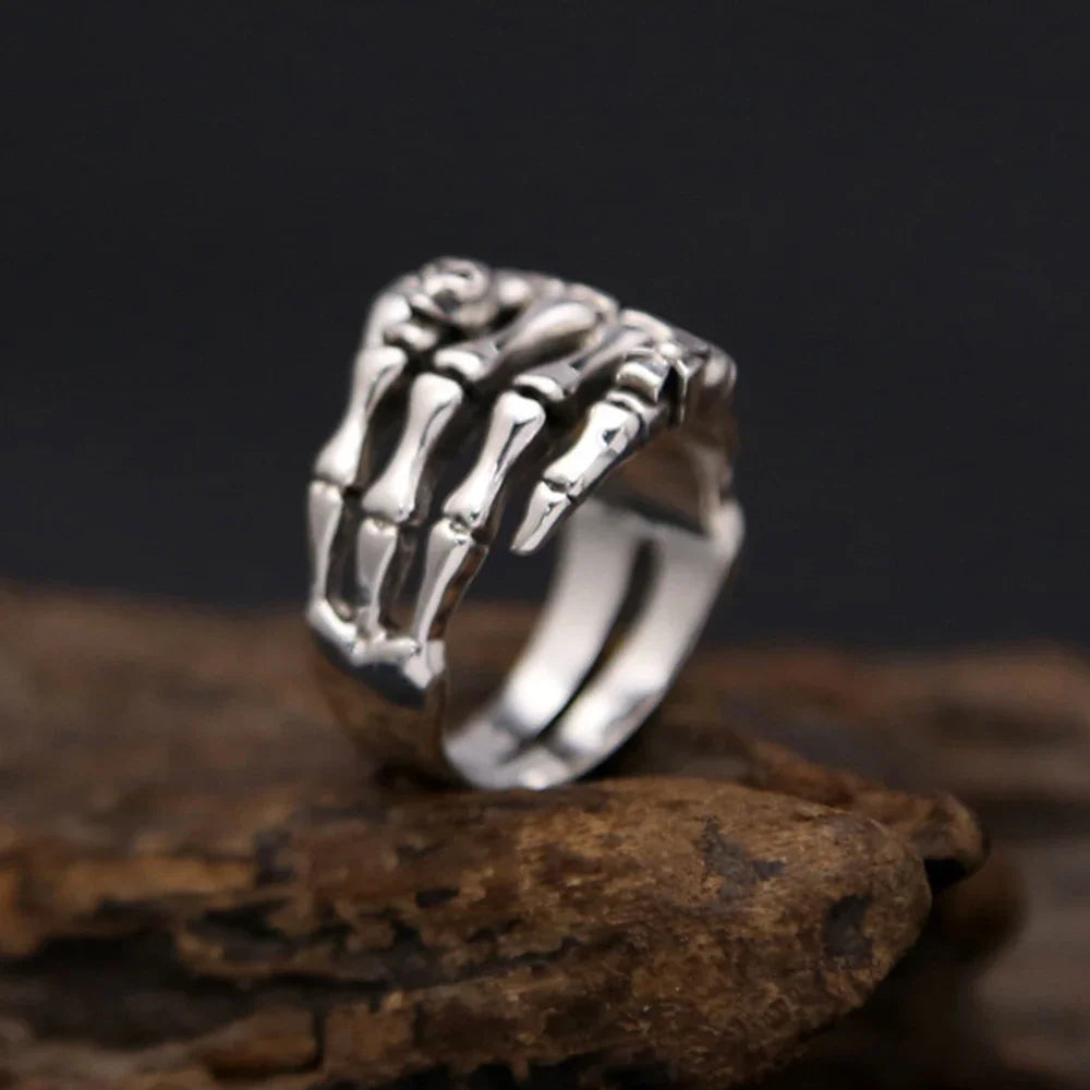 YILUOCD S925 Skeleton Hand Ring Gothic Open Skull Rings for Women Men Halloween Punk Jewelry Gift