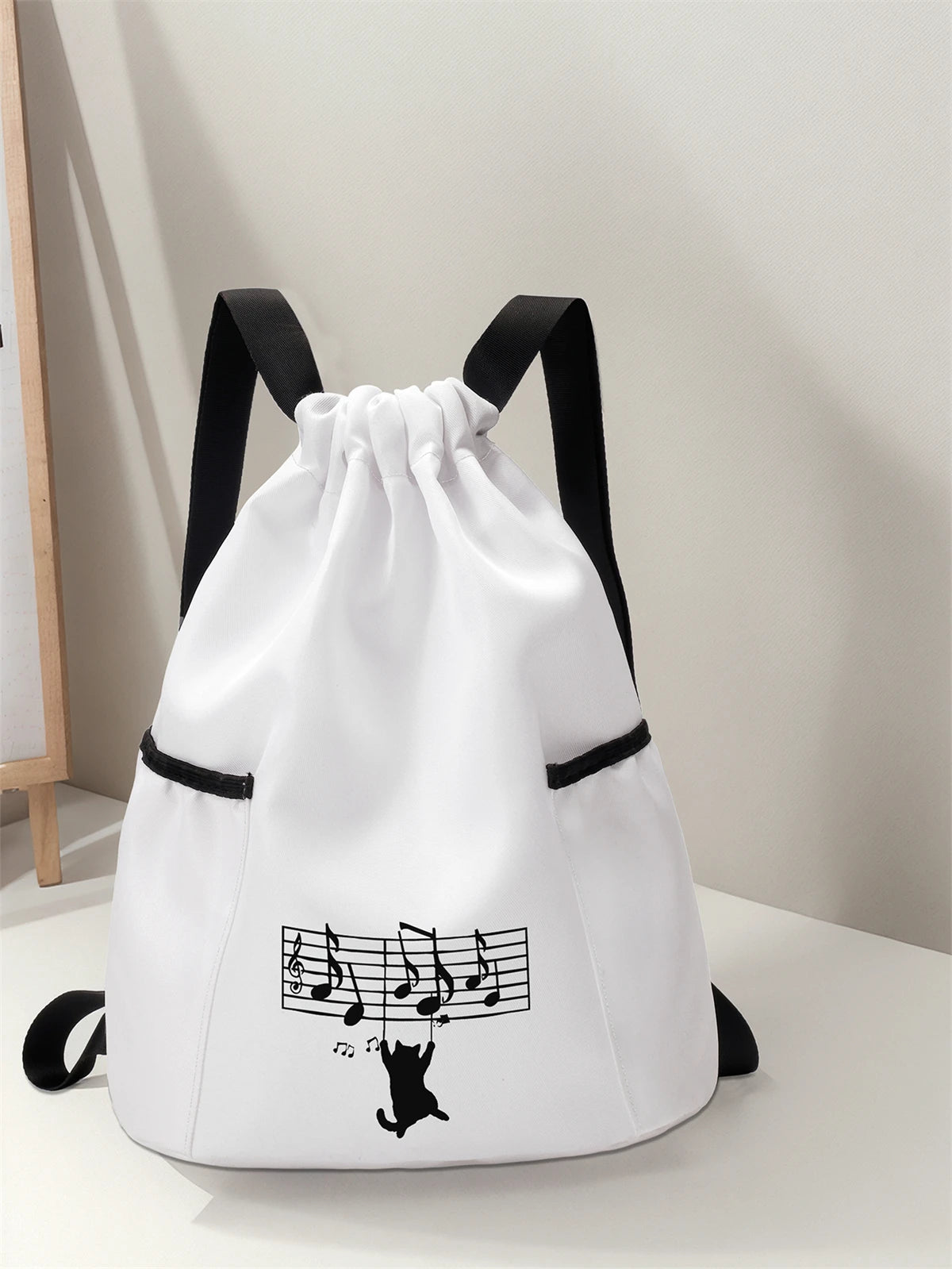 حقيبة ظهر برباط مطبوع عليها نمط قطة لطيفة - حقيبة لياقة بدنية متينة بسعة كبيرة، حقيبة ظهر رياضية للشاطئ