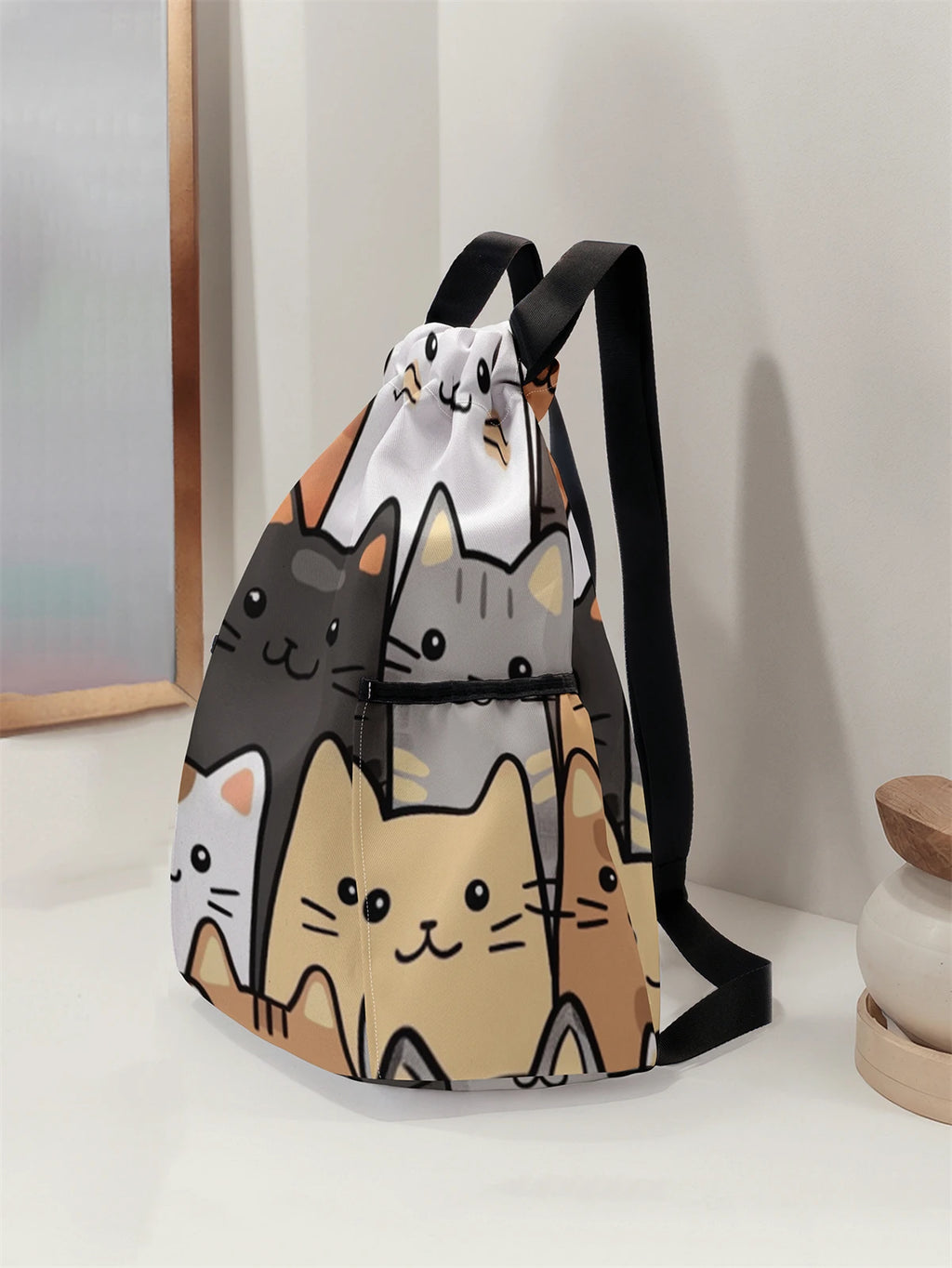 حقيبة ظهر برباط مطبوع عليها نمط قطة لطيفة - حقيبة لياقة بدنية متينة بسعة كبيرة، حقيبة ظهر رياضية للشاطئ