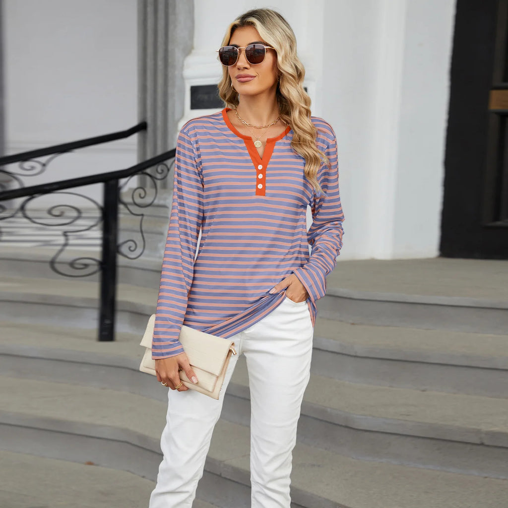تيشيرت نسائي جديد بأكمام طويلة، بياقة على شكل حرف V، بنمط مخطط بألوان متداخلة، بقصة فضفاضة، قطعة علوية متعددة الاستخدامات للارتداء اليومي