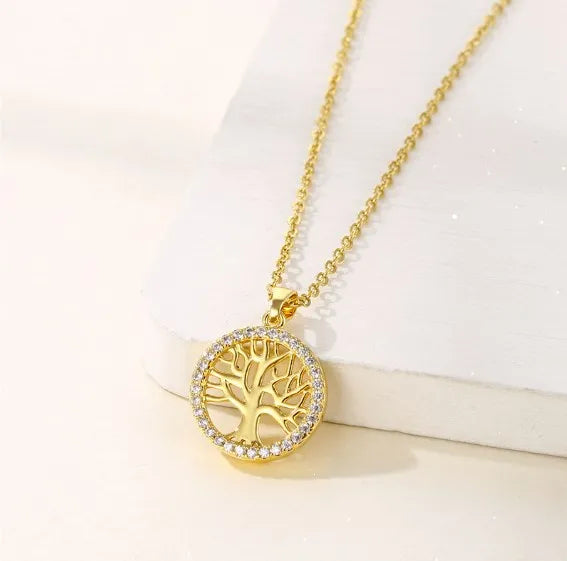 Temperamental Luxury Rhinestone Tree of Life Pendant Necklace Women Vintage Stainless Steel Waterproof Chain Aesthetic Jewelry