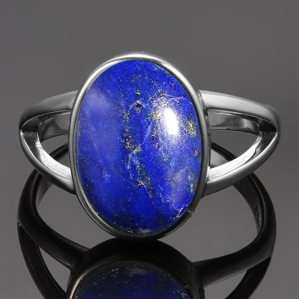 خاتم فضة عيار 925 مرصع بحجر اللازورد الطبيعي الكبير بيضاوي الشكل، مناسب للنساء والرجال، هدية مميزة، خاتم عتيق كبير الحجم، مجوهرات فاخرة بالجملة