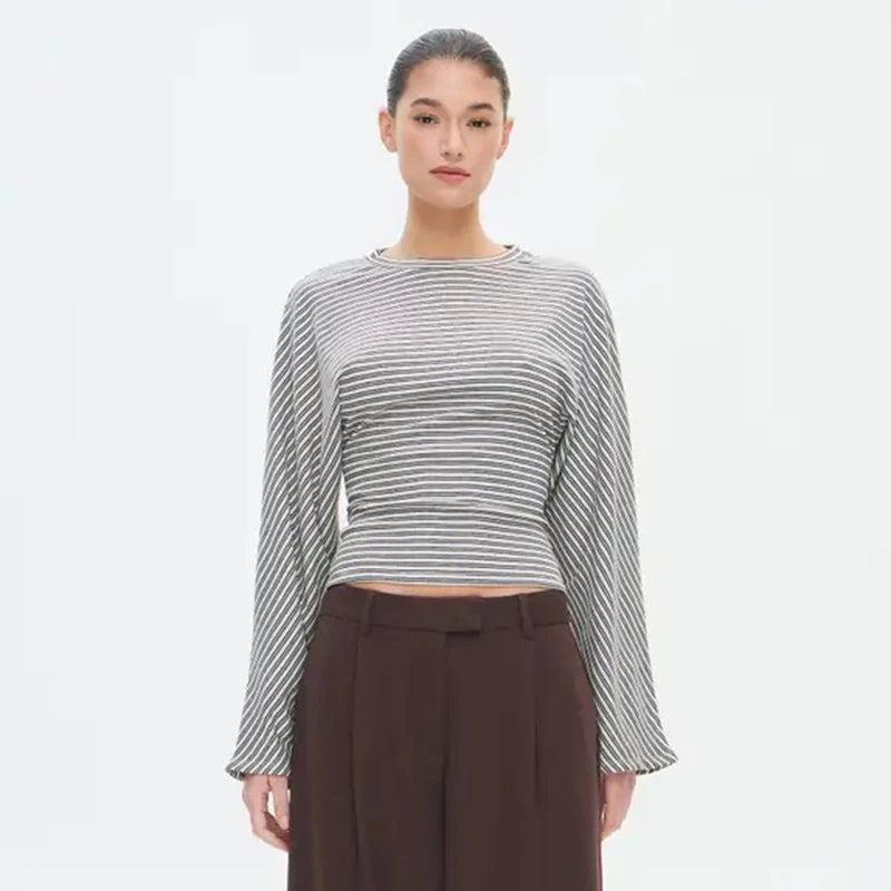 تيشيرت نسائي جديد من CUTENOVA، مخطط، بياقة دائرية، مثير، متعدد الاستخدامات، ضيق، بأكمام طويلة، قطعة علوية أنيقة، ملابس الشارع، تيشيرت كاجوال