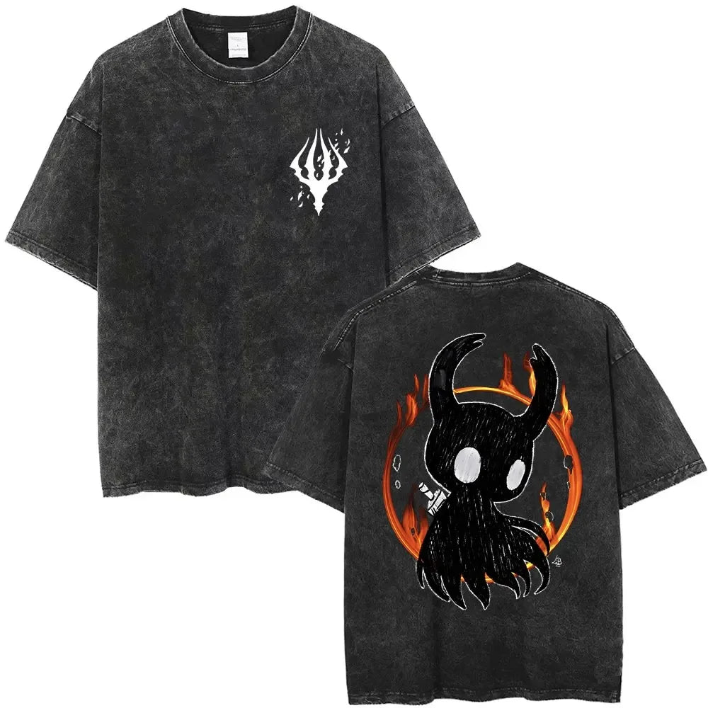 تي شيرت جرافيكي مطبوع عليه لعبة هولو نايت الكلاسيكية المغسولة للرجال والنساء، تي شيرت كاجوال من القطن بأكمام قصيرة، تي شيرت كبير الحجم للجنسين