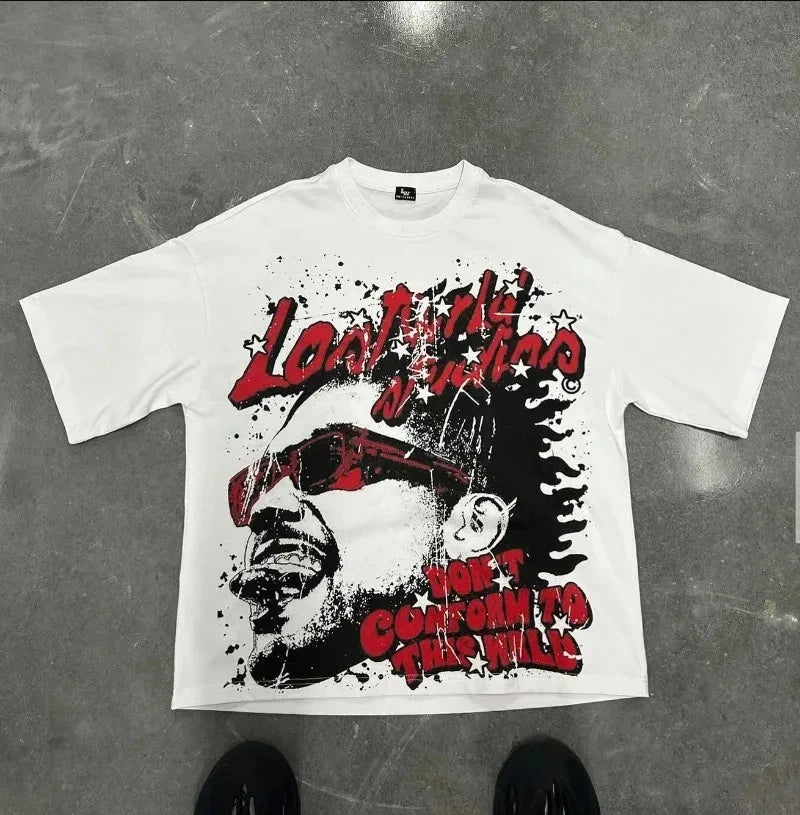 تيشيرت رجالي من ملابس الشارع، بنمط موضة الألفية الجديدة، مطبوع عليه رسومات هيب هوب هاراجوكو، مقاس كبير، مصنوع من القطن، بياقة دائرية، بنمط قوطي جديد، بأكمام قصيرة.