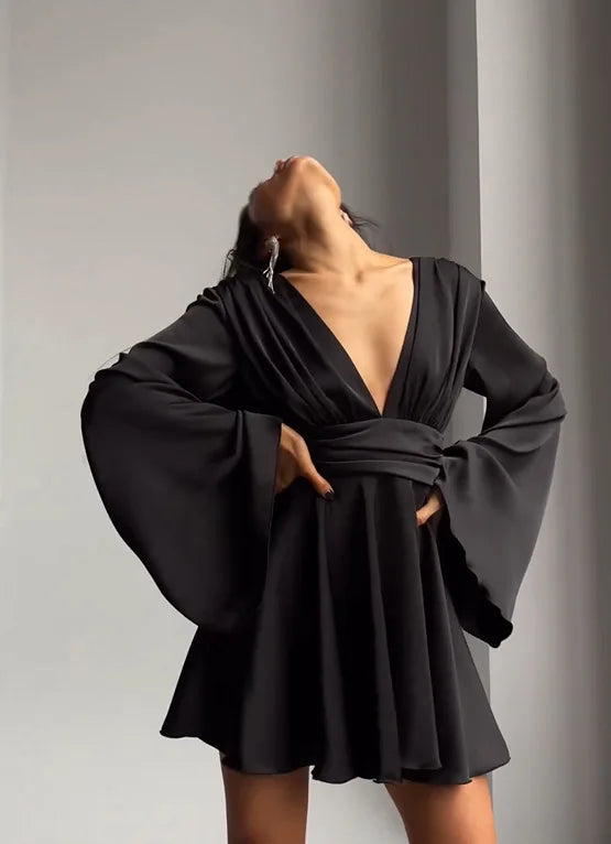 Elegant Party Satin Flare Long Sleeve Dress Womens Sexy Deep V Neck Solid Color Higt Waist Dresses Autumn Fashion Short Skirts