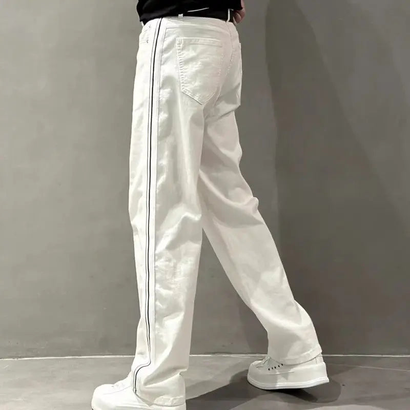 2025 Autumn New Style Jeans Men's Trendy Loose Side Strip Webbing Straight Pants for Youth Versatile Washing Wide-leg