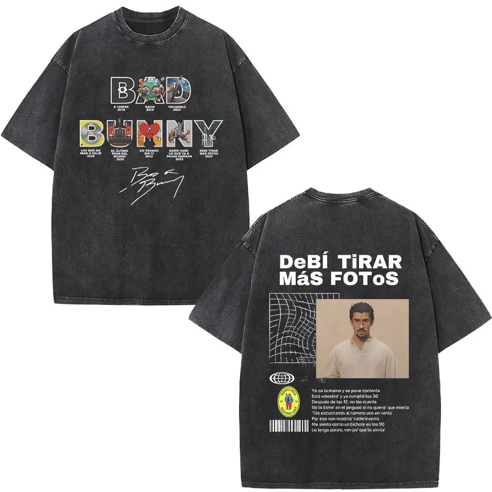 ألبوم Bad Bunny كبير الحجم المغسول Debi Tirar Mas Fotos DTMF تي شيرت جرافيكي للرجال والنساء تي شيرت عتيق ملابس الهيب هوب والشارع