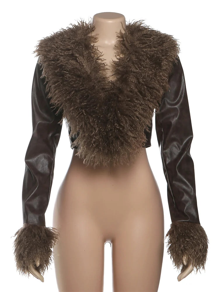 بلوزة قصيرة نسائية من الفرو الغريب بفتحة رقبة على شكل حرف V من البولي يوريثان، أساسية مثيرة، ملابس النادي، بأكمام طويلة، شتوية، مناسبة لـ Y2K