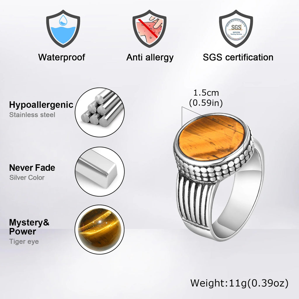 خاتم فينوكس ذو رأس مستدير مرصع بحجر عين النمر للرجال والفتيان، خاتم من الفولاذ المقاوم للصدأ، خاتم رجالي ضخم بتصميم بانك