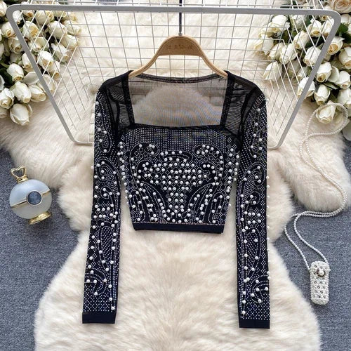 قميص نسائي أنيق بأكمام طويلة من حجر الراين، تي شيرت كوري أنيق، رقبة مربعة، مثير، أنيق