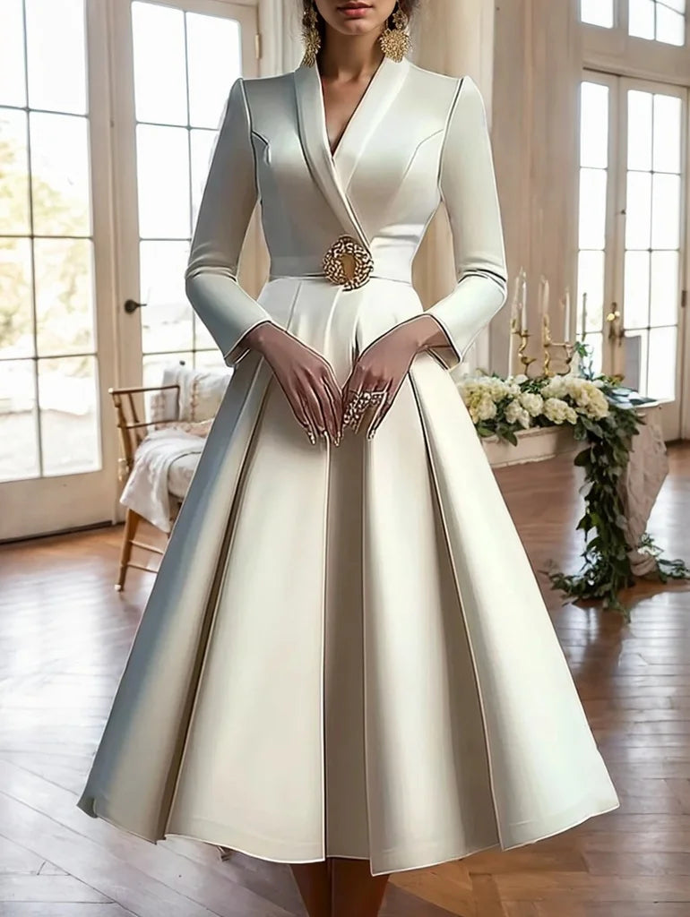 Elegant Wrap V Neck Long Sleeve Pleated Midi Dress Pleated A-line Office Lady Party Evening Midi Dresses for Women Spring 2025