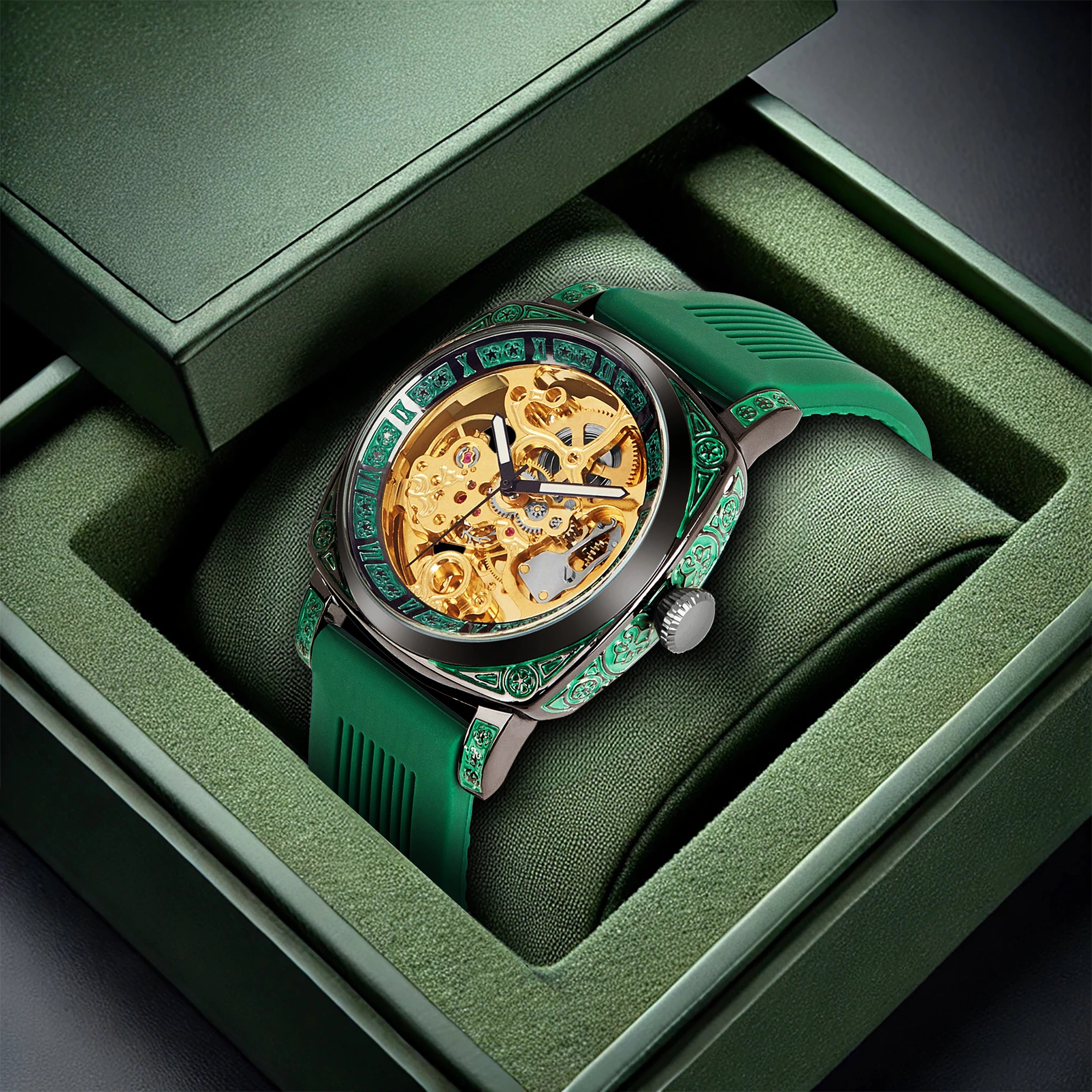 ساعة نسائية جديدة ذات شريط ذهبي أخضر بسيطة أنيقة رائعة منحوتة مضيئة أوتوماتيكية بالكامل ميكانيكية