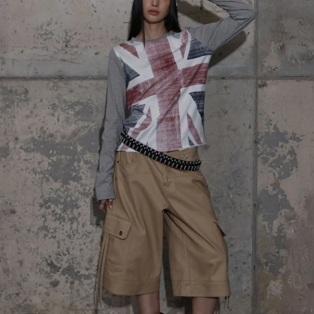 تي شيرت نسائي بأكمام طويلة وقصة ضيقة وطبعة علم بريطاني، مناسب لفصل الخريف والشتاء، مناسب للارتداء على طبقات أو كإطلالة مستقلة