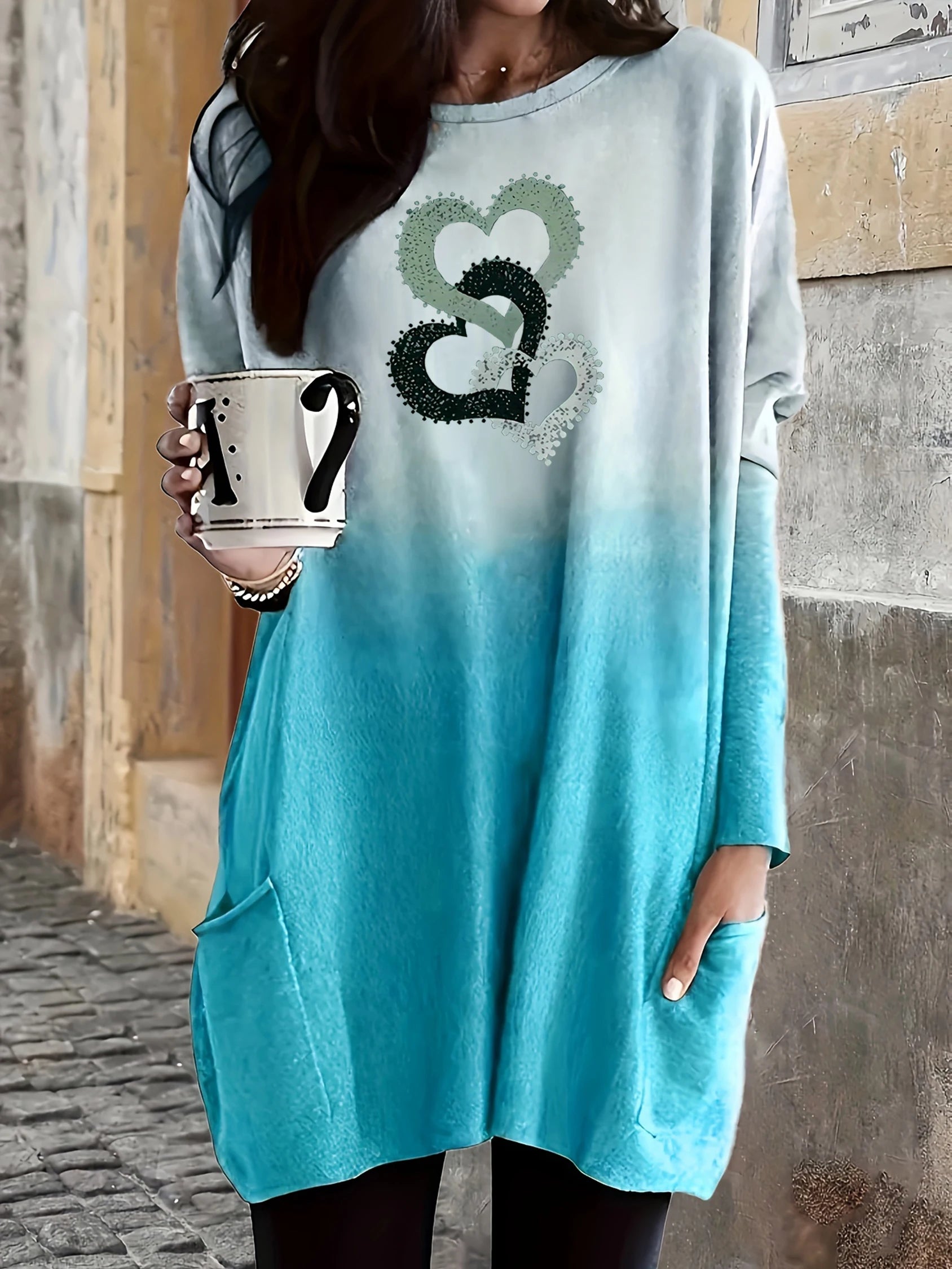 Fall/Winter New Fashionable Elegant Gradient Print Casual Crew Neck Pocket Plus Size Women's Long T-Shirt Top