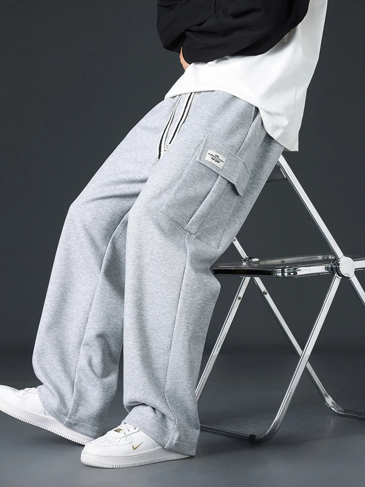 Autumn Men's Baggy Wide-leg Pants Outdoor Jogging Sweatpants Loose Straight Fashion Korean Casual Trousers Streetwear Black Gray