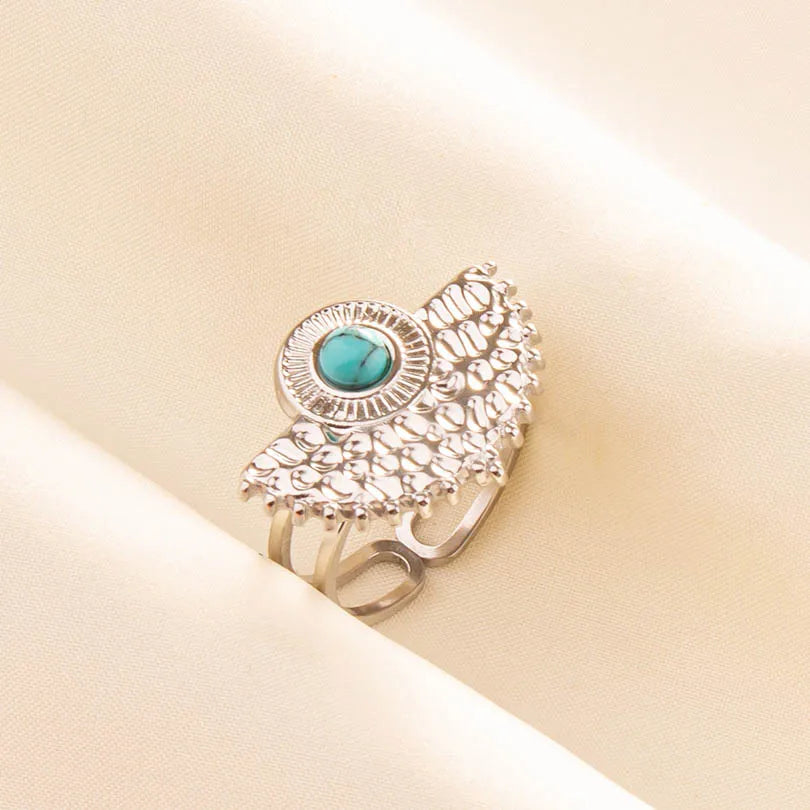 5 قطع من الخواتم الفنية البوهيمية المفتوحة المرصعة بحجر الفيروز الأزرق الفاتح، قابلة للتعديل، مصنوعة من الفولاذ المقاوم للصدأ، هدايا مجوهرات بوهيمية للنساء