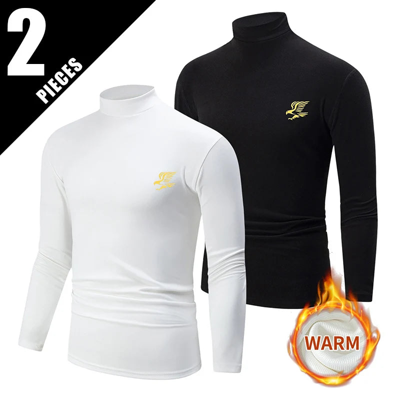تي شيرت رجالي مكون من قطعتين/ثلاث قطع، مناسب للخريف/الشتاء، بلون واحد، دافئ، مناسب للمراهقين، مقاس كبير، قميص رياضي مريح، نصف رقبة عالية، قاعدة