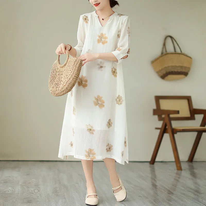 Elegant V-Neck Spliced Pockets Printed Vintage Dress Women's Clothing 2025 Summer New Loose Commuter Ladies Dresses