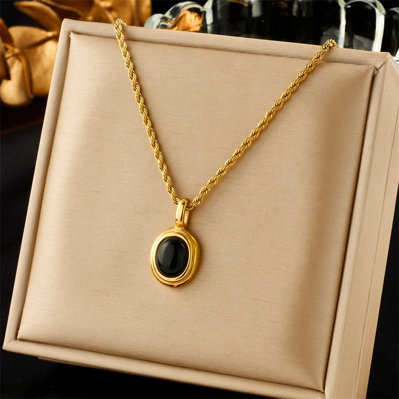 قلادة DIEYURO 316L من الفولاذ المقاوم للصدأ على شكل بيضاوي من الحجر الأسود والأبيض للنساء والفتيات سلسلة الترقوة العصرية مجوهرات هدية للحفلات