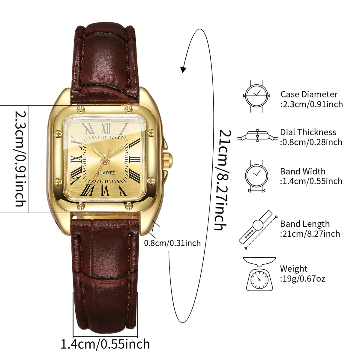 ساعة يد نسائية مربعة الشكل بحزام جلدي، ساعة كوارتز كاجوال بمينا روماني (بدون علبة)