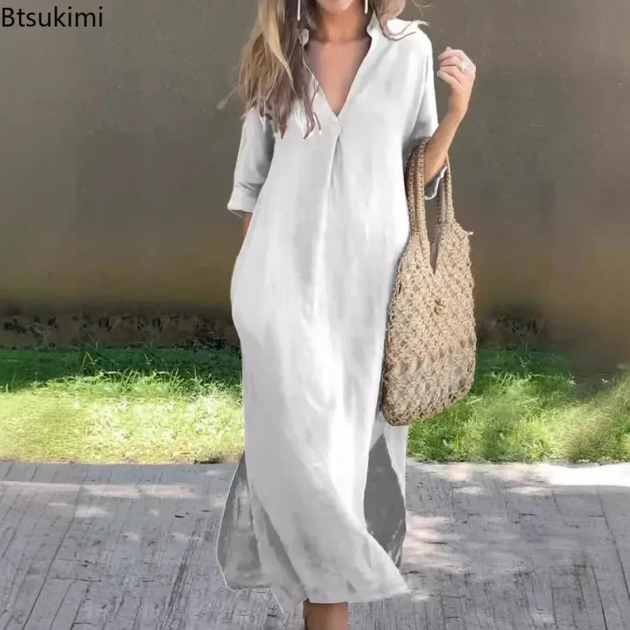 Women's Fashion V-neck Half Sleeve Solid Long Dress Summer Side Slit Design Elegant Vintage Cotton Linen Maxi Dresses for Women