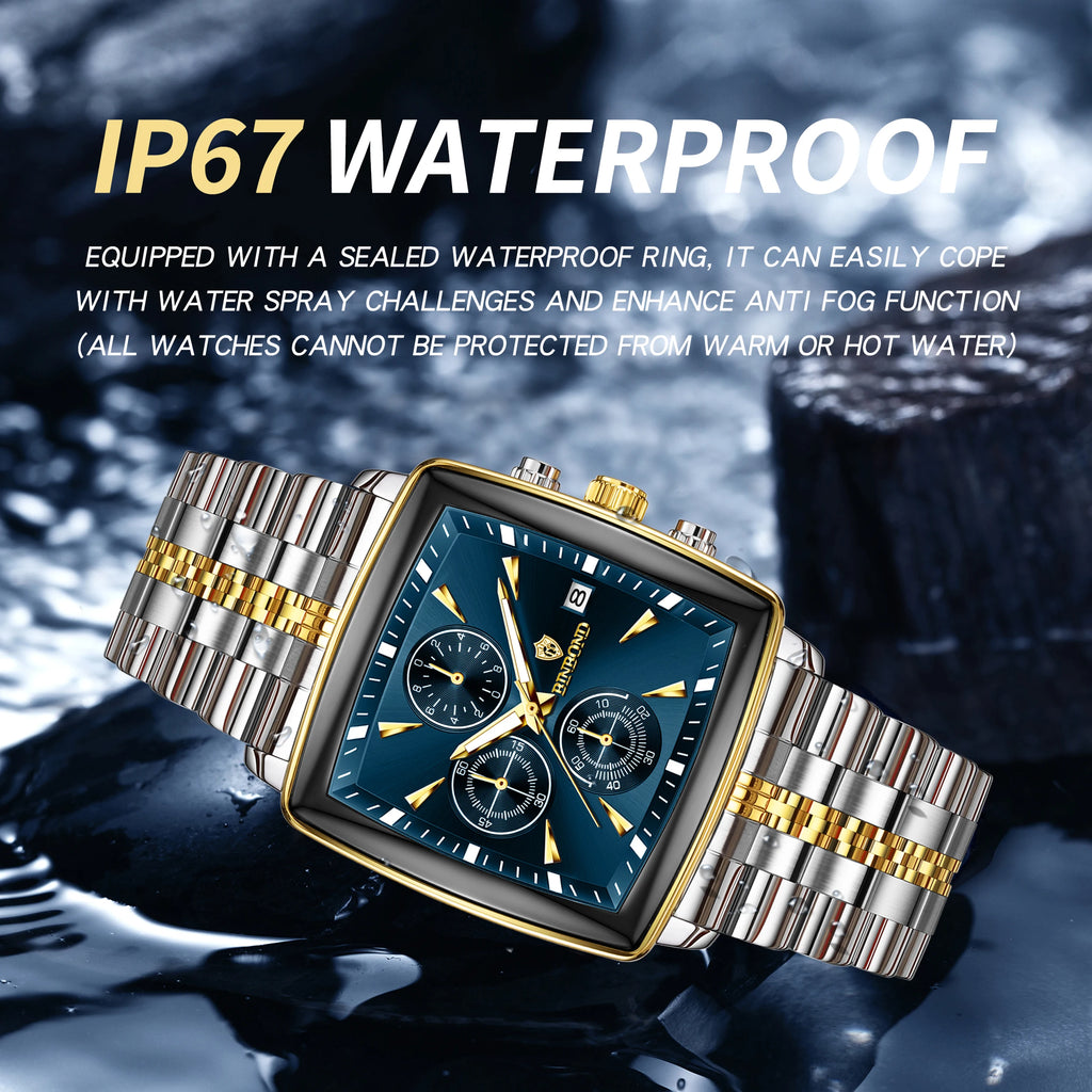 ساعة بينبوند الرياضية الفاخرة المربعة للرجال، مقاومة للماء، كرونوغراف، كوارتز، ساعات رجالية من الفولاذ المقاوم للصدأ