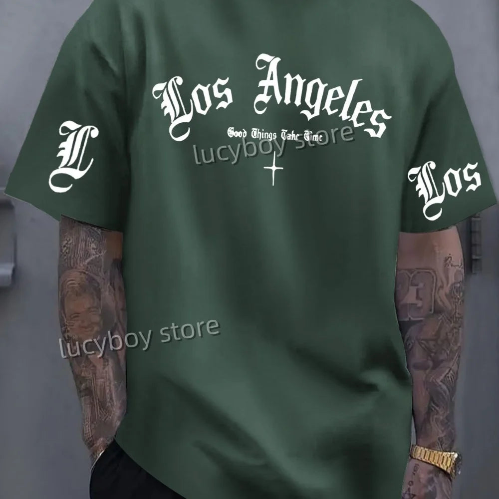 تي شيرت رجالي مطبوع عليه شعار لوس أنجلوس 2025، بأكمام قصيرة، ورياضة كرة قدم، ومقاسات كبيرة، ورقبة مستديرة، وملابس رجالية