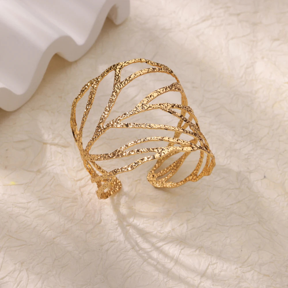 Stainless Steel Bracelet For Women Men Aesthetic Flower Leaf Bangle Opening Gold Color Geometric Bangles Bracelets Femme Jewelry