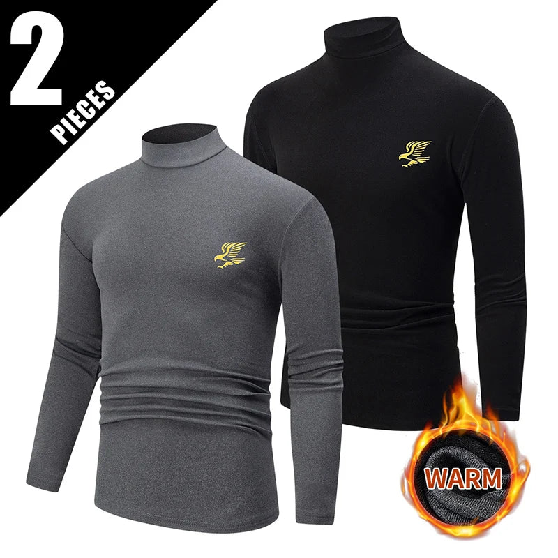 تي شيرت رجالي مكون من قطعتين/ثلاث قطع، مناسب للخريف/الشتاء، بلون واحد، دافئ، مناسب للمراهقين، مقاس كبير، قميص رياضي مريح، نصف رقبة عالية، قاعدة