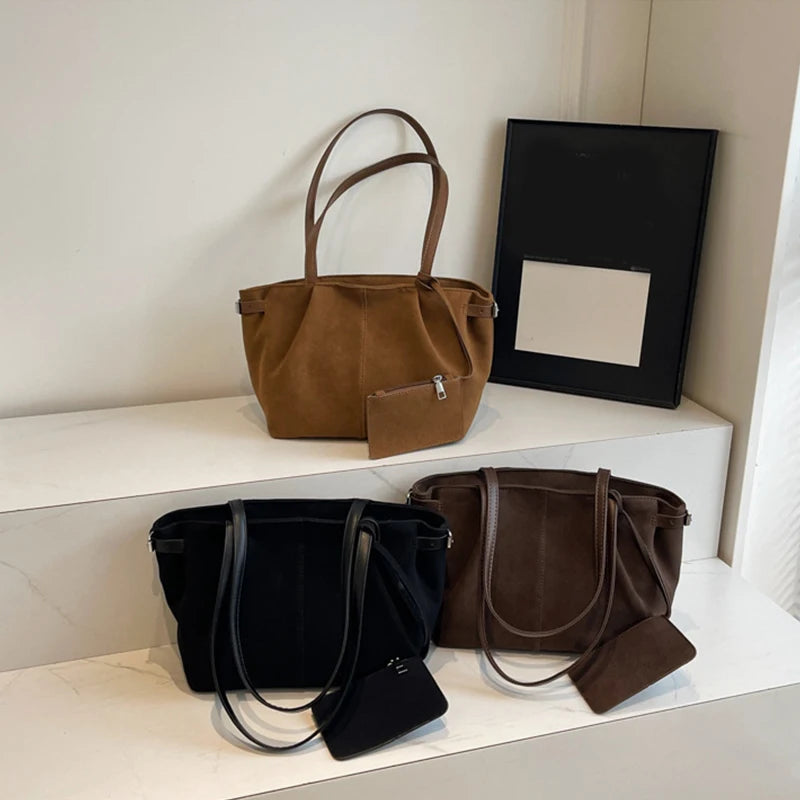 حقائب كتف من جلد الغزال للنساء، حقائب كبيرة من جلد الغزال، حقيبة خفيفة الوزن تحت الإبط، حقيبة تسوق عادية، حقائب سفر بلون واحد