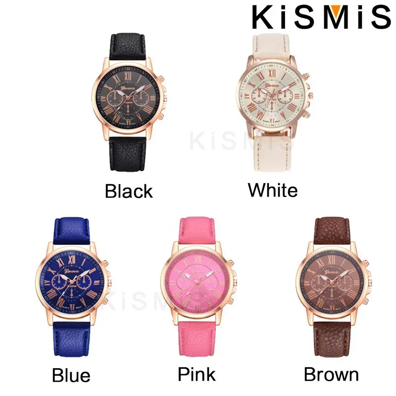 ساعة جنيف كوارتز أنيقة بأرقام رومانية، ثلاث عيون وستة دبابيس، ساعة يد كاجوال للنساء والرجال والأزواج، ساعة أنيقة للمناسبات الرسمية