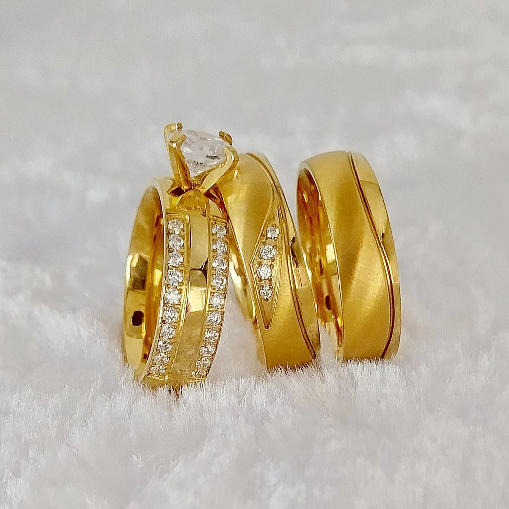 مجموعة خواتم خطوبة وزواج عالية الجودة مكونة من 3 قطع للأزواج مطلية بالذهب عيار 18 قيراطًا ومرصعة بالألماس، خاتم عشاق مجوهرات عصرية