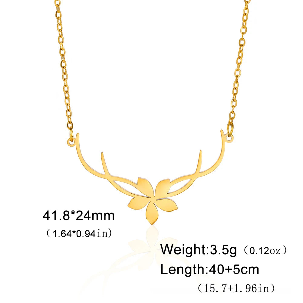 Lucktune Flower Antler Pendant Necklace Stainless Steel Gold Color Chain Necklace for Women 2025 Trendy Kpop Jewelry Party Gift