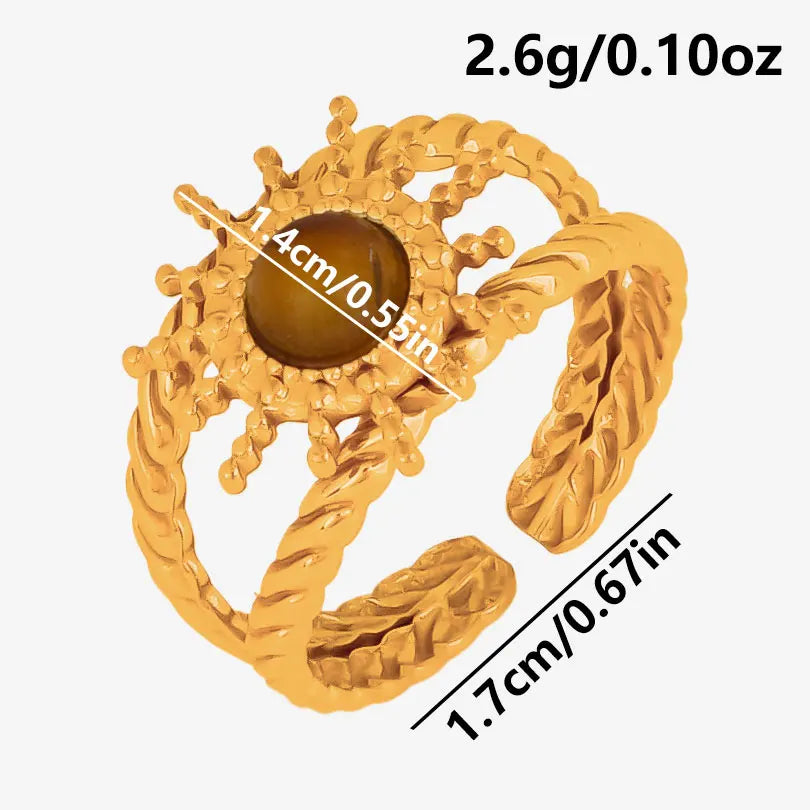 خاتم من حجر عين النمر الحقيقي على شكل قلب الشمس من الفولاذ المقاوم للصدأ، خواتم مفتوحة للنساء والرجال، إكسسوارات مجوهرات عتيقة مطلية بالذهب الحقيقي