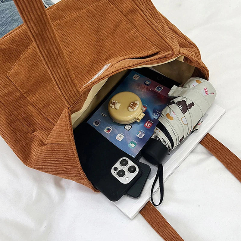 حقيبة نسائية كلاسيكية من قماش الكوردروي، ذات سعة كبيرة وجيوب متعددة، حقيبة كتف، حقيبة يد نسائية بسيطة وأنيقة للتسوق