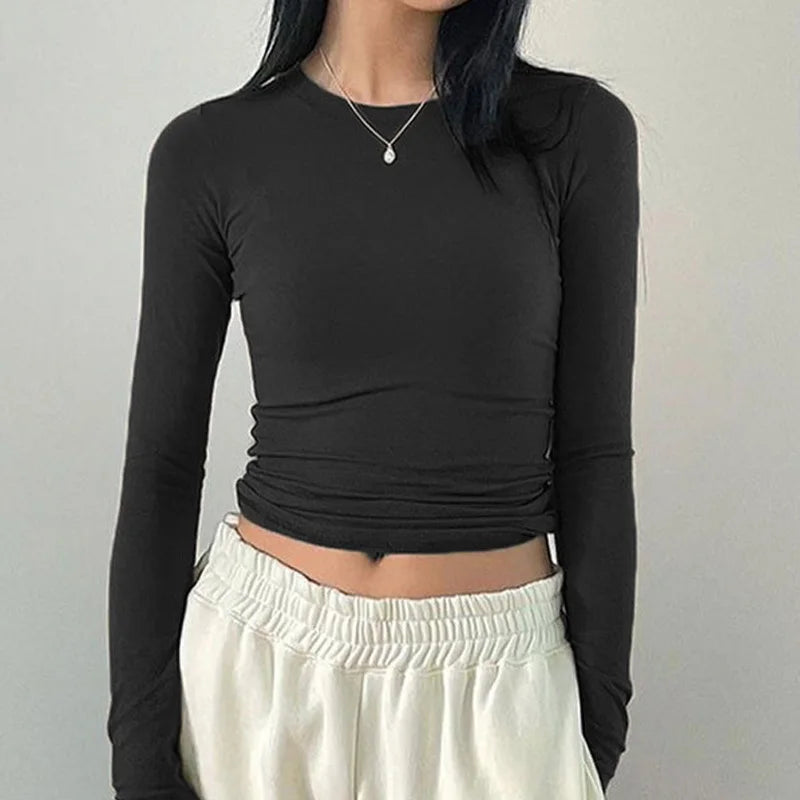 تيشيرتات نسائية كاجوال ضيقة بأكمام طويلة وياقة دائرية، مناسبة لفصلي الربيع والخريف، بألوان سادة مع فتحات للإبهام، ملابس عصرية