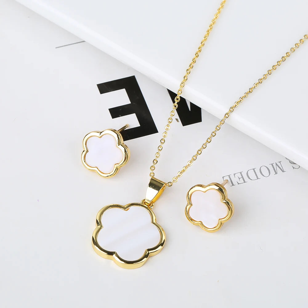 7-Color New Natural Stone Plum Blossom Plant Five Leaf Flower Pendant Necklace Earring Set Luxury Women's Simple Gift Clover