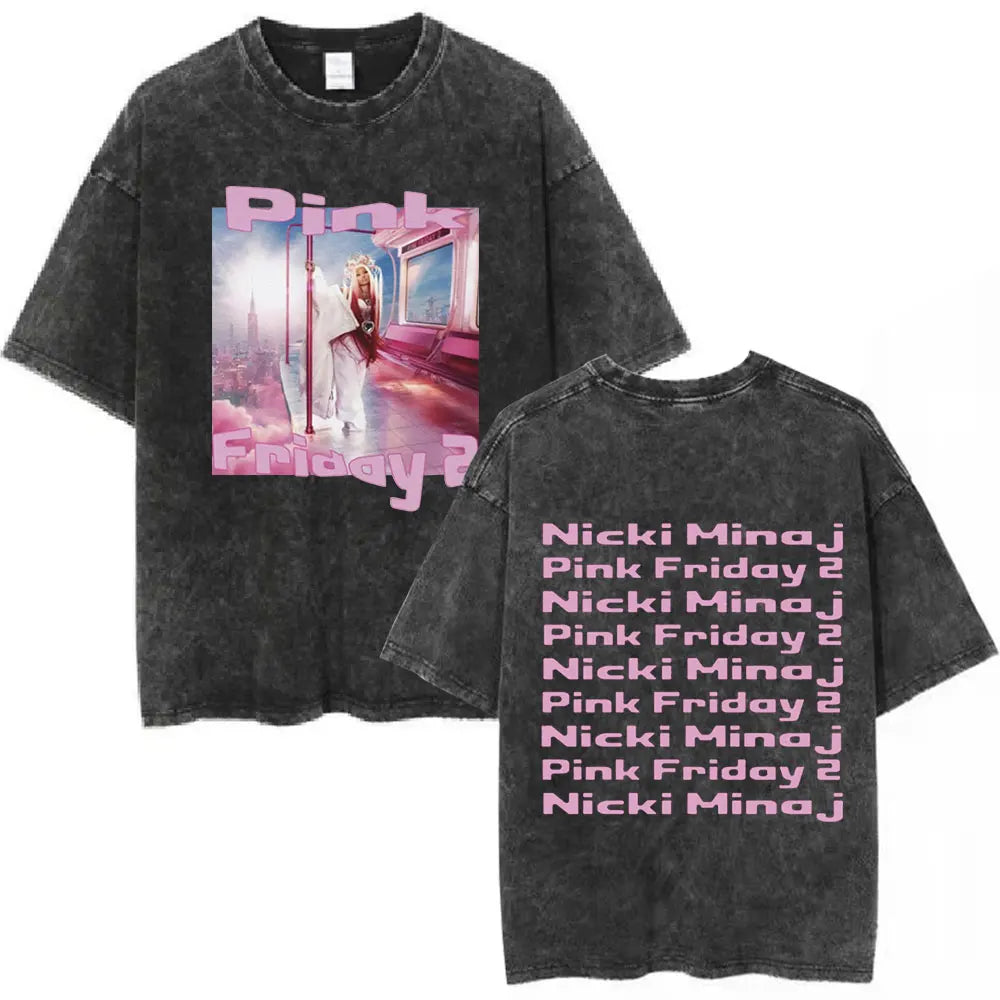 تي شيرت نيكي ميناج بينك فرايداي 2 وورلد تور القديم المغسول للرجال والنساء من القطن غير الرسمي فضفاض وكبير الحجم هدية للمعجبين ملابس الشارع