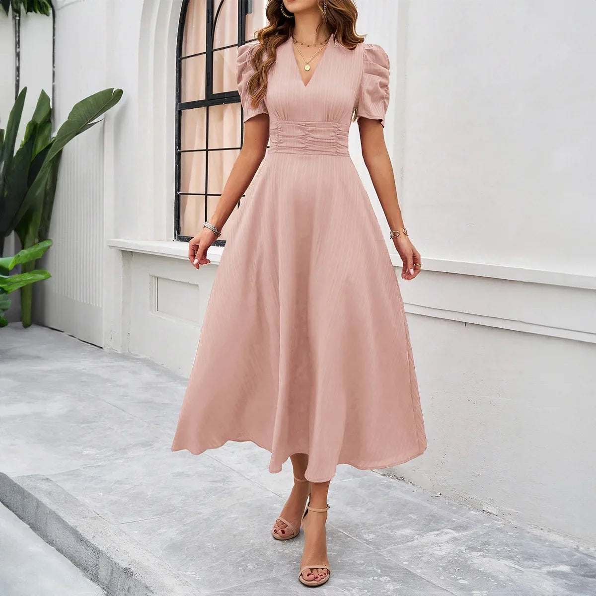 Solid Color Casual Slim Long Dresses For Women Fashion Summer Women's Puff Sleeve A Line Midi Dress Elegant Vintage Female Dress