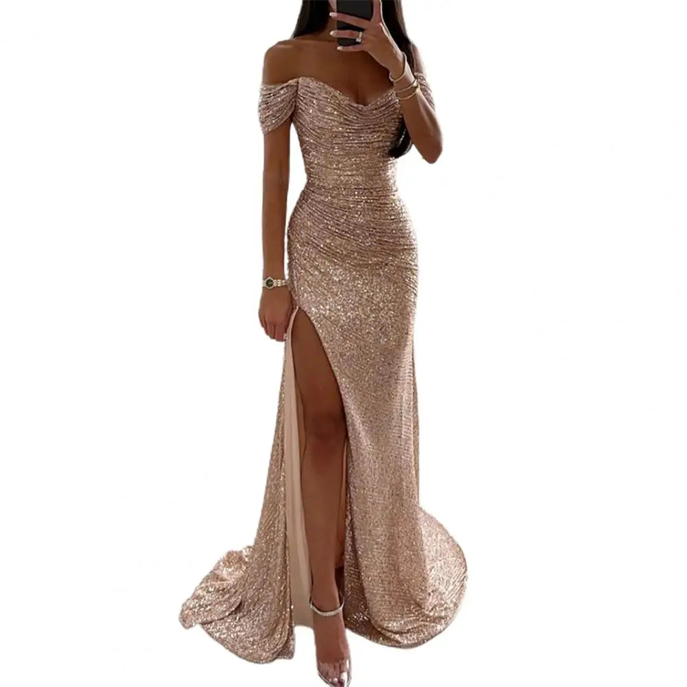Elegant Gown Dress V-Neck Off Shoulder Maxi Dress Sequin Pleated Waist Tight Evening Party Dress Sexy Split Long Dreses