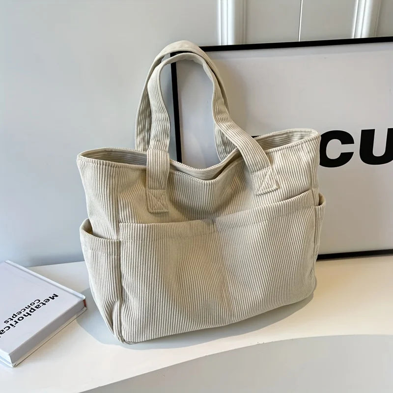 حقيبة كتف مخططة من قماش مخملي كاجوال للنساء مع أحزمة ثابتة وسحاب وحقيبة يد كبيرة السعة للنزهات اليومية والتسوق