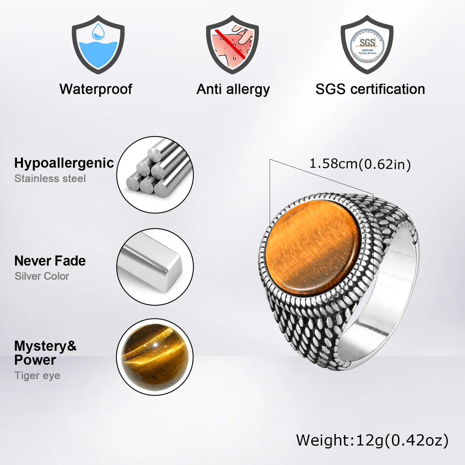 خاتم فينوكس ذو ملمس حراشف التنين للرجال، خاتم إصبع علوي مرصع بحجر عين النمر المستدير، خاتم ختم من الفولاذ المقاوم للصدأ مرصع بحجر كريم أسود