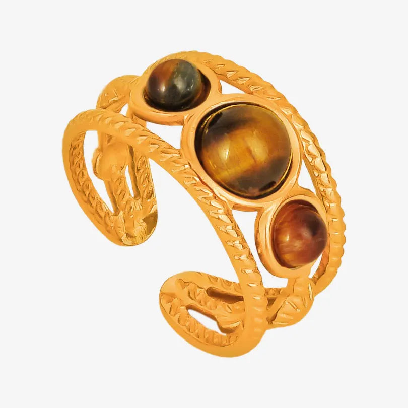 خاتم من حجر عين النمر الحقيقي على شكل قلب الشمس من الفولاذ المقاوم للصدأ، خواتم مفتوحة للنساء والرجال، إكسسوارات مجوهرات عتيقة مطلية بالذهب الحقيقي