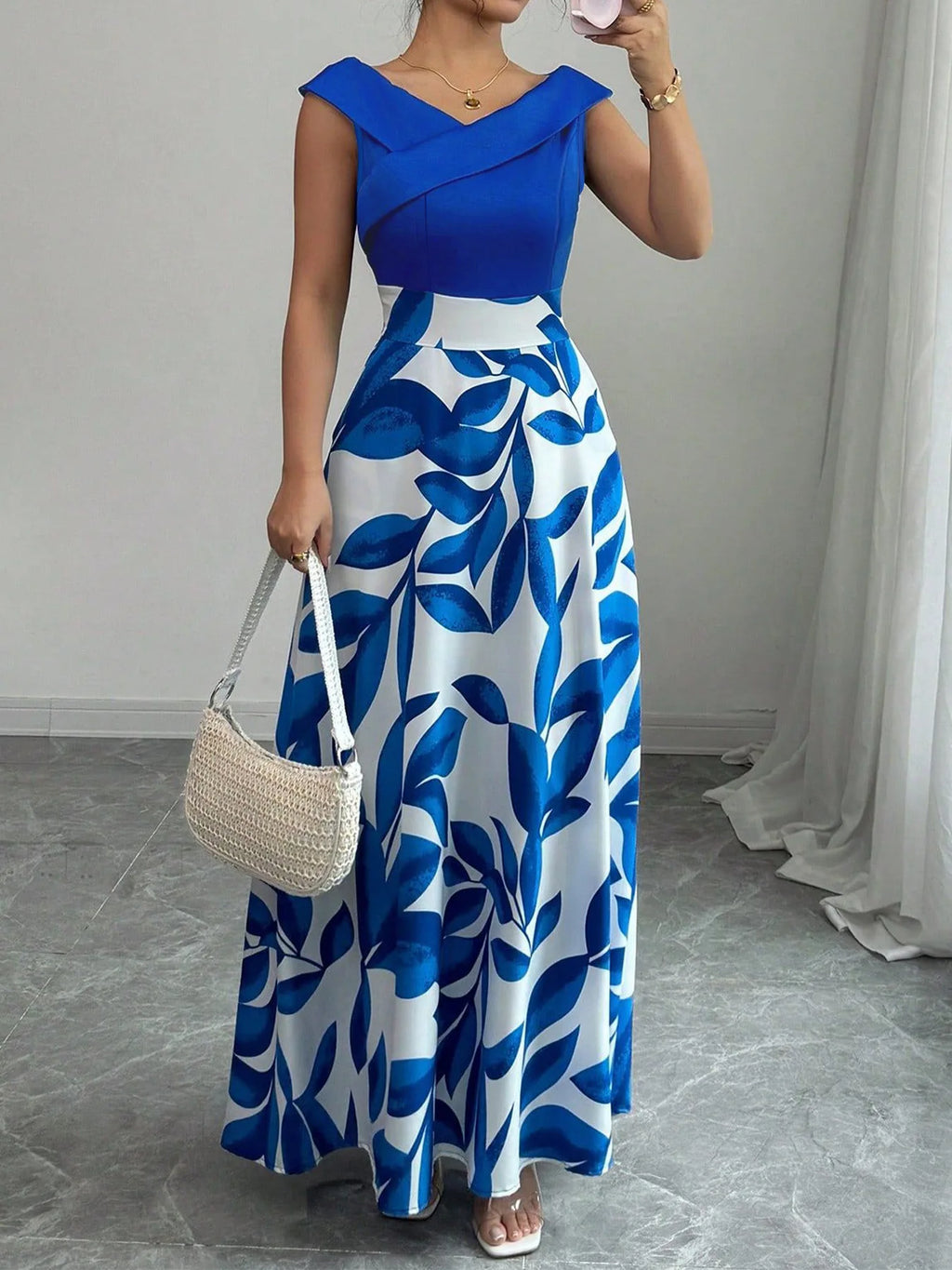 Women Flower Printed V Neck Long Sleeve High Waist Maxi Dress Fashion Color Block Evening Events Garden Party Elegant Dresses