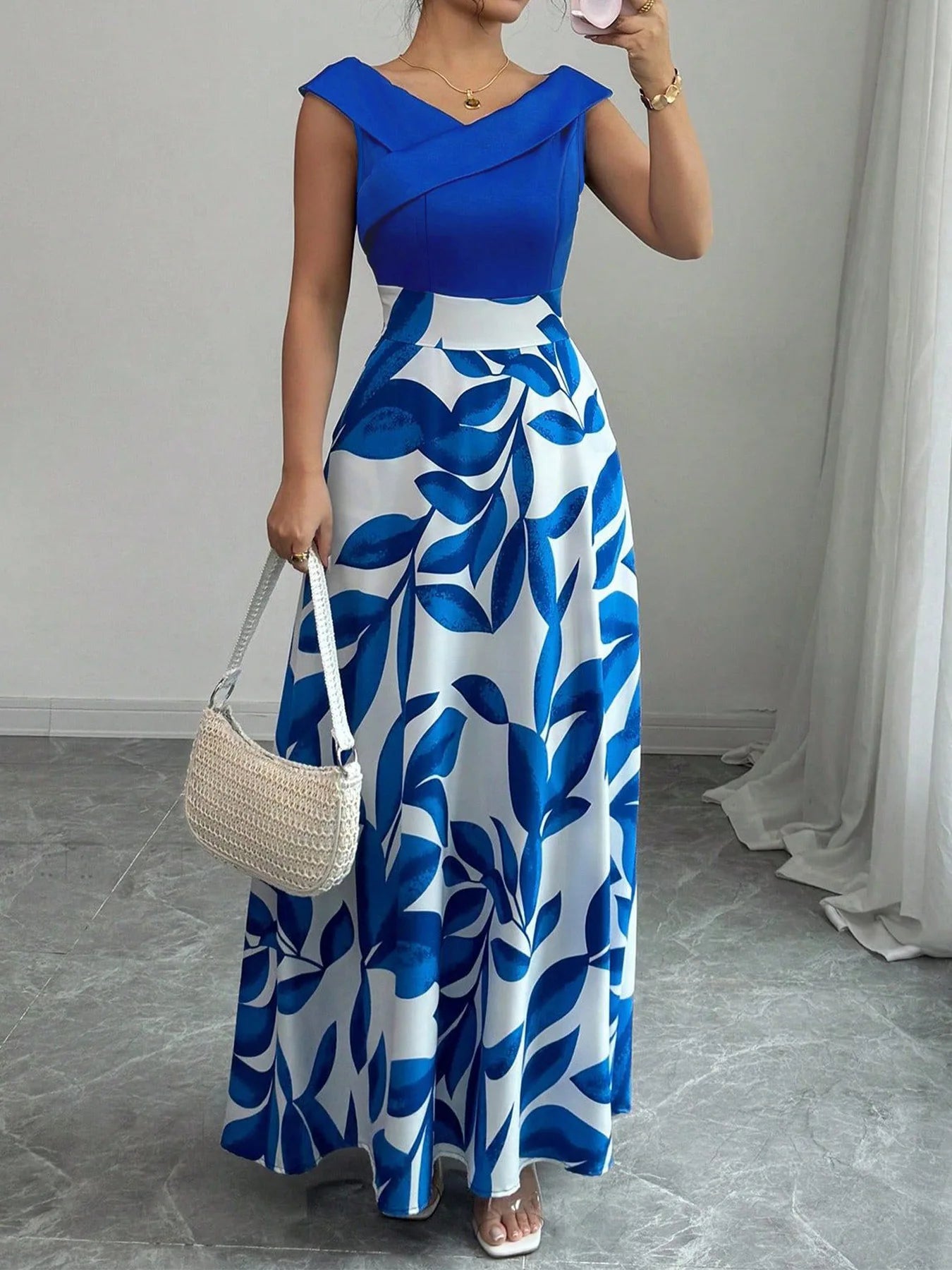 Women Flower Printed V Neck Long Sleeve High Waist Maxi Dress Fashion Color Block Evening Events Garden Party Elegant Dresses