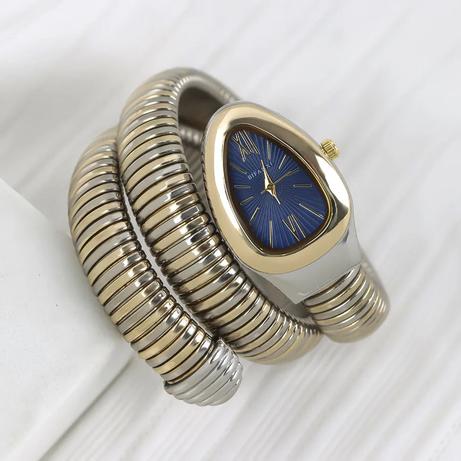 ساعات كوارتز فريدة من نوعها للنساء من الذهب الثعباني رائجة البيع ساعة بسيطة كلاسيكية الطراز للنساء ساعة فاخرة لامعة للسيدات ساعة Relogio